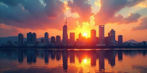 A cityscape skyline at sunset, reflecting the value of urban land and real estate investments Perfect for illustrating articles about property, development, and financial markets , asset, property