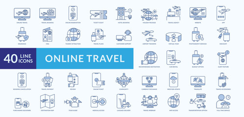 Online travel icon collection set with online reservation, hotel booking, virtual tour, photography services, tour guide