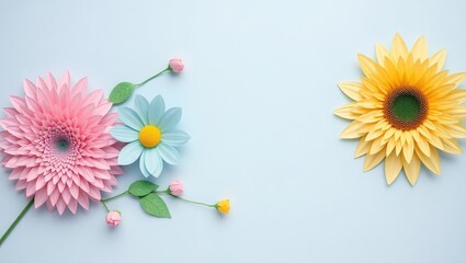 Minimalist floral art on pastel blue. Vertical paper flowers: sunflower, chrysanthemum, blue bloom, mint leaves, buds. Soft textures, pastel tones, elegant layout with copy space.

