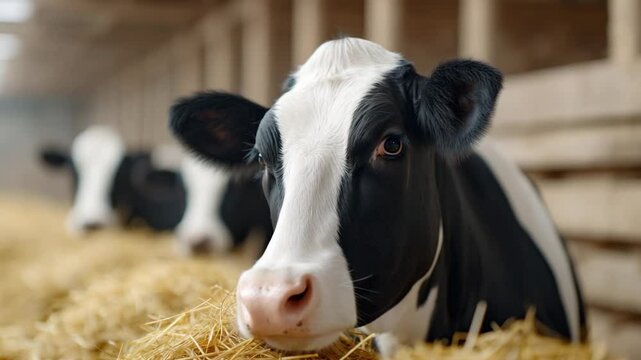 Dairy Cow Gaze: Captivating close-up shot of a dairy cow, featuring its distinctive black and white pattern and gentle eyes, with a backdrop of fellow cows in a barn setting.