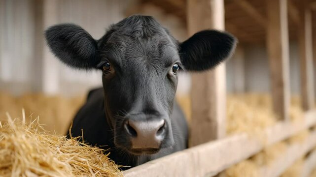 Black Calf in Barn: An inquisitive calf with a sleek black coat gazes intently from its straw-filled stall within a rustic barn, capturing its gentle, curious essence.