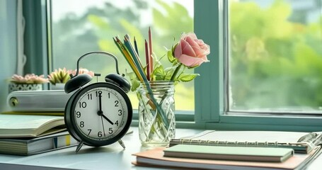 A Serene Study Setup with a Black Alarm Clock, Assorted Pencils in a Glass Jar, a Pale Pink Rose, and Open Books on a Desk by the Window Overlooking a Green Landscape - Powered by Adobe
