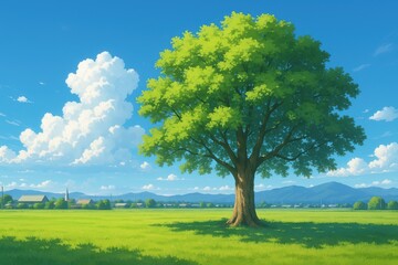 Fototapeta premium 青空と草原に立つ緑豊かな木、背景素材