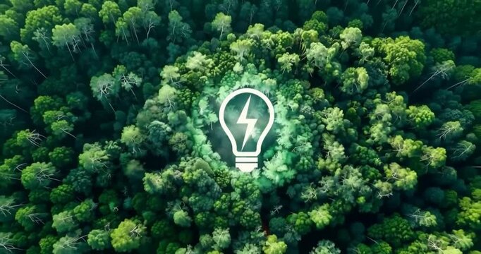Striking aerial view of a dense forest canopy with a glowing light bulb icon symbolizing sustainable energy and innovation
