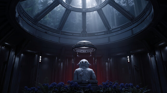 An astronaut stands inside a circular chamber under a glass dome, surrounded by blue-purple botanical life and shafts of light from above.
