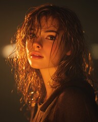 wet hair clinging to face, dreamy expression