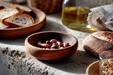 Rustic Still Life: Bread, Nuts, and Olive Oil