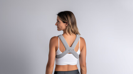 Fototapeta premium Athletic woman using wearable posture trainer for exercise optimization and health tracking