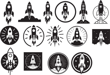 Collection of Black and White Rocket Launch Icons