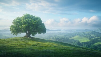 Fototapeta premium Solitary Tree on a Verdant Hilltop