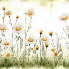 Vibrant Floral Meadow with Daisies and Wildflowers Against a Soft Watercolor Background