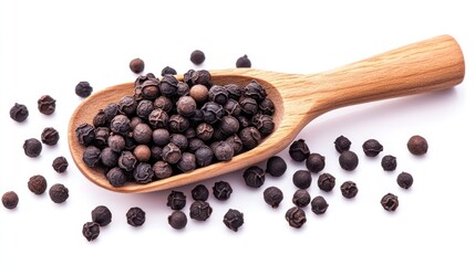 Black Peppercorns in Wooden Spoon