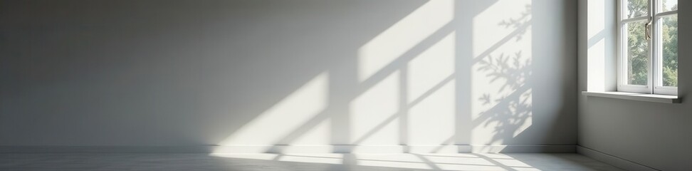 Neutral grey backdrop, intricate light and shadow play from window light source , graphic, clean