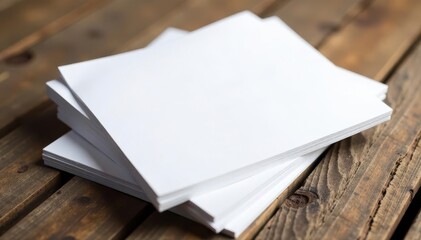 Fototapeta premium Neat stack of blank brochure paper sheets on rustic wooden surface, document, office