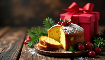 Panettone, mulled wine, gift box, Christmas decorations Rustic wooden background , cinnamon, rustic