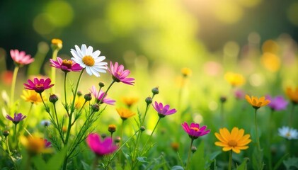 Fototapeta premium A vibrant bouquet of wildflowers in a lush green meadow, bathed in soft sunlight Perfect for spring, summer, or nature themes Beautiful natural colors and textures , ecology, blossom, cheerful