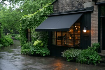 Charming urban coffee shop with lush greenery and inviting atmosphere on a rainy day in a vibrant neighborhood
