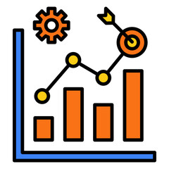 Business growth chart with target goal success arrow and gears