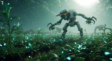 Robots Farming Field in Futuristic Landscape with Straw Hat