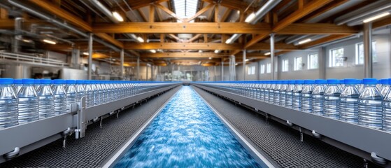 Fototapeta premium Rows of bottled water move along a production line inside a modern, spacious factory with wooden beams and industrial equipment.