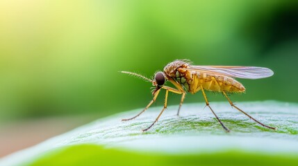 Close-Up of a Yellow Mosquito on Green Leaf in Natural Habitat with Blurred Background and Soft Lighting