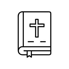 Fototapeta premium Bible line art icon, black and white religious book symbol with cross and copy space