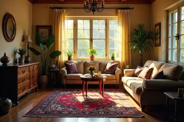 Cozy living room bathed in warm sunlight, featuring vintage furniture, antique rug, and nostalgic decor Perfect for evoking feelings of comfort and homeliness , classic, details