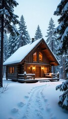 Cozy rustic cabin nestled in a snowy forest, perfect for a winter getaway  Large windows offer stunning views of the tranquil landscape  Ideal for a peaceful retreat , holiday, fir
