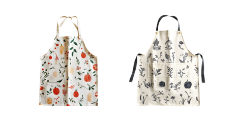 Two aprons with colorful and black and white botanical patterns. isolated on transparent background