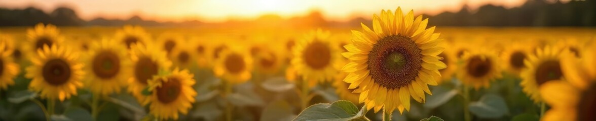 Fototapeta premium Golden hour sunlight bathes a field of ripe sunflowers, their heads heavy with seeds, a quintessential image of summer abundance , sunflowers field, beautiful, plant