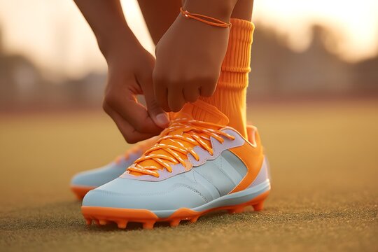 Teen boy tightening laces on pastel cleats, sports prep