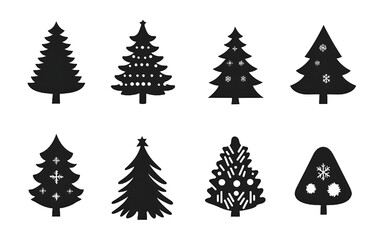 Obraz premium Black and white christmas tree silhouettes featuring various decorations and star embellishments.