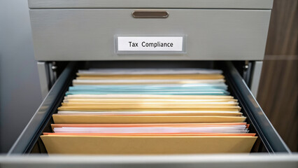 Filing cabinet drawer labeled &ldquo;Tax Compliance&rdquo; opened, showcasing tax deal compliance and the organization of physical document storage in a business setting.