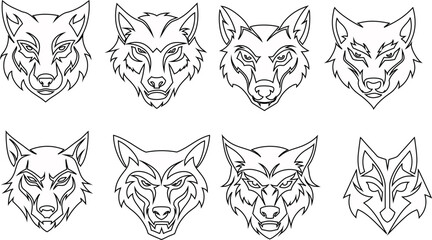 Tribal wolf head outline tattoo set with a cute black animal character design illustration.