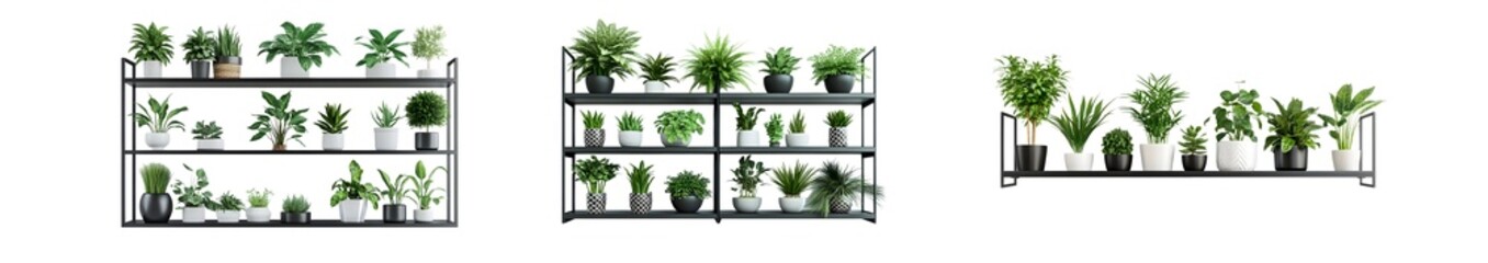 set of plant shelf with various greenery. isolated on transparent background