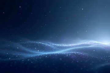 A mesmerizing cosmic landscape featuring ethereal blue waves, shimmering particles, and a radiant horizon under a starry sky. This stunning digital artwork captures the beauty of space, with glowing l