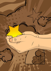 Cartoon, comic book human hands holding Star. Retro vector comics pop art design.