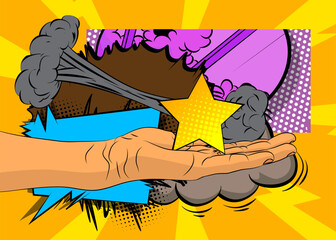 Cartoon, comic book human hands holding Star. Retro vector comics pop art design.