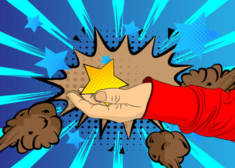 Cartoon, comic book human hands holding Star. Retro vector comics pop art design.