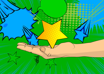 Cartoon, comic book human hands holding Star. Retro vector comics pop art design.