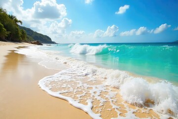 Ocean waves crashing on a vibrant, sunny beach; perfect for watersports enthusiasts  Ideal for surfing, kayaking, paddleboarding, and swimming ,  surf,  sea,  recreation