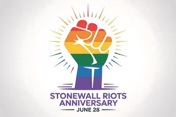 Stonewall riots anniversary with rainbow fist and sun rays on a white background image