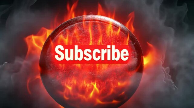 Fiery Subscribe button engulfed in flames and smoke
