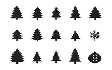 Set of black silhouetted christmas trees and other decorative elements on white background