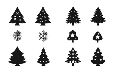 Simple black silhouettes of christmas trees and snowflakes hanging on white background