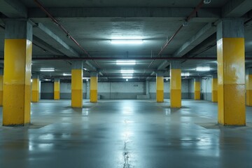 Empty underground parking garage with yellow pillars.