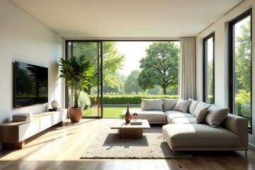 Bright open-plan living area, natural light floods space , natural, interior design
