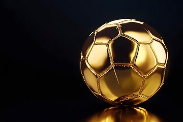 Naklejka premium Luxurious shiny golden soccer ball against a dark black background with elegant reflections