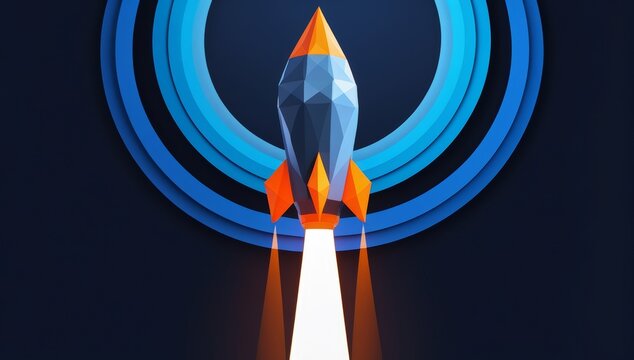 Low Poly Rocket Launching Into Space With Circular Blue Gradient Background