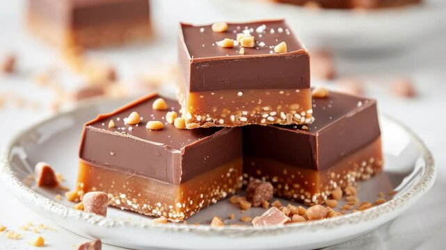 Chocolate toffee squares on a white plate